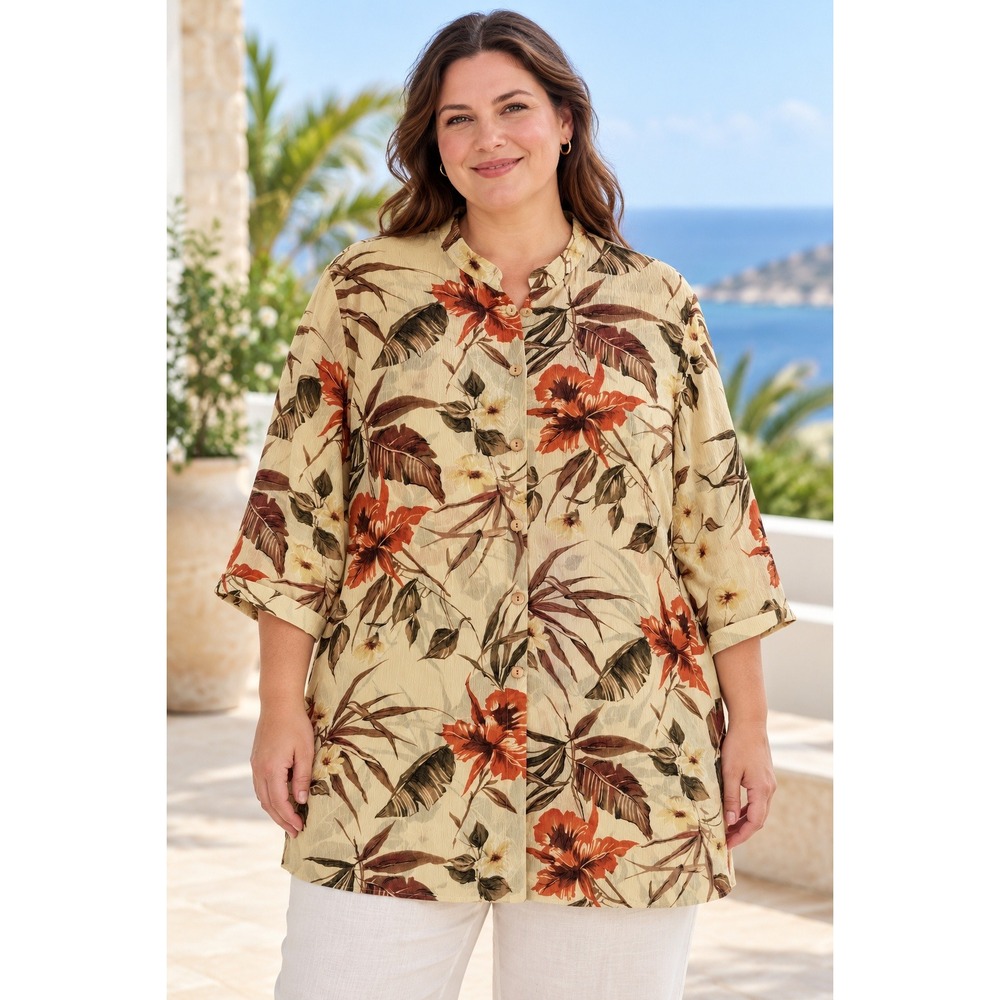 Susan Garver Brown Tan Floral Button-up Hawaiian Shirt Sheer Gauze Light Sz 2X